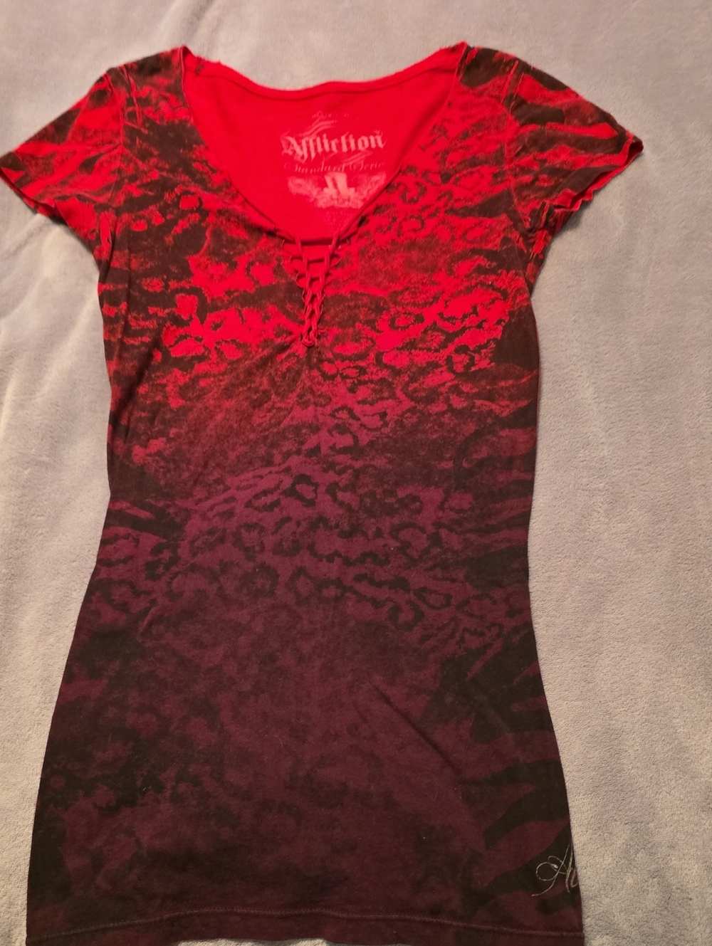Affliction Red to Black Ombre Animal Print Short Sleeve V-Neck Top